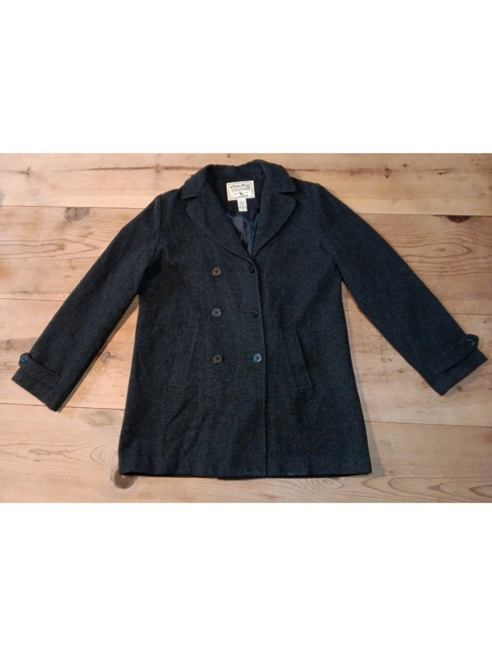 VTG Eddie Bauer Women M TALL Black Brushed Wool Blend Pea Coat Nautical Buttons